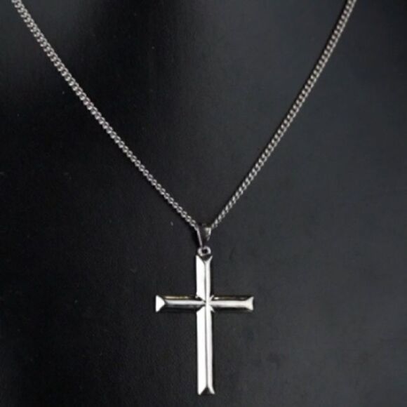 Jewelry - Solid Sterling Silver Cross, Cuban Chain Necklace